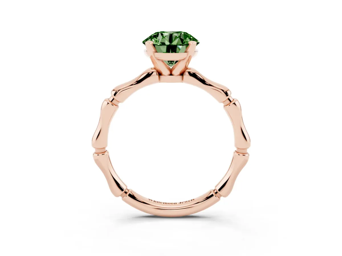 Fancy Green Round Cut Solitaire Diamond Ring with Bamboo Band and Four-Prong Setting Rose gold