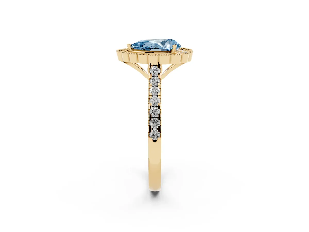 Fancy Blue Pear Cut Cut Diamond Milgrain Floral Halo Engagement Ring with Pavé Band Yellow gold