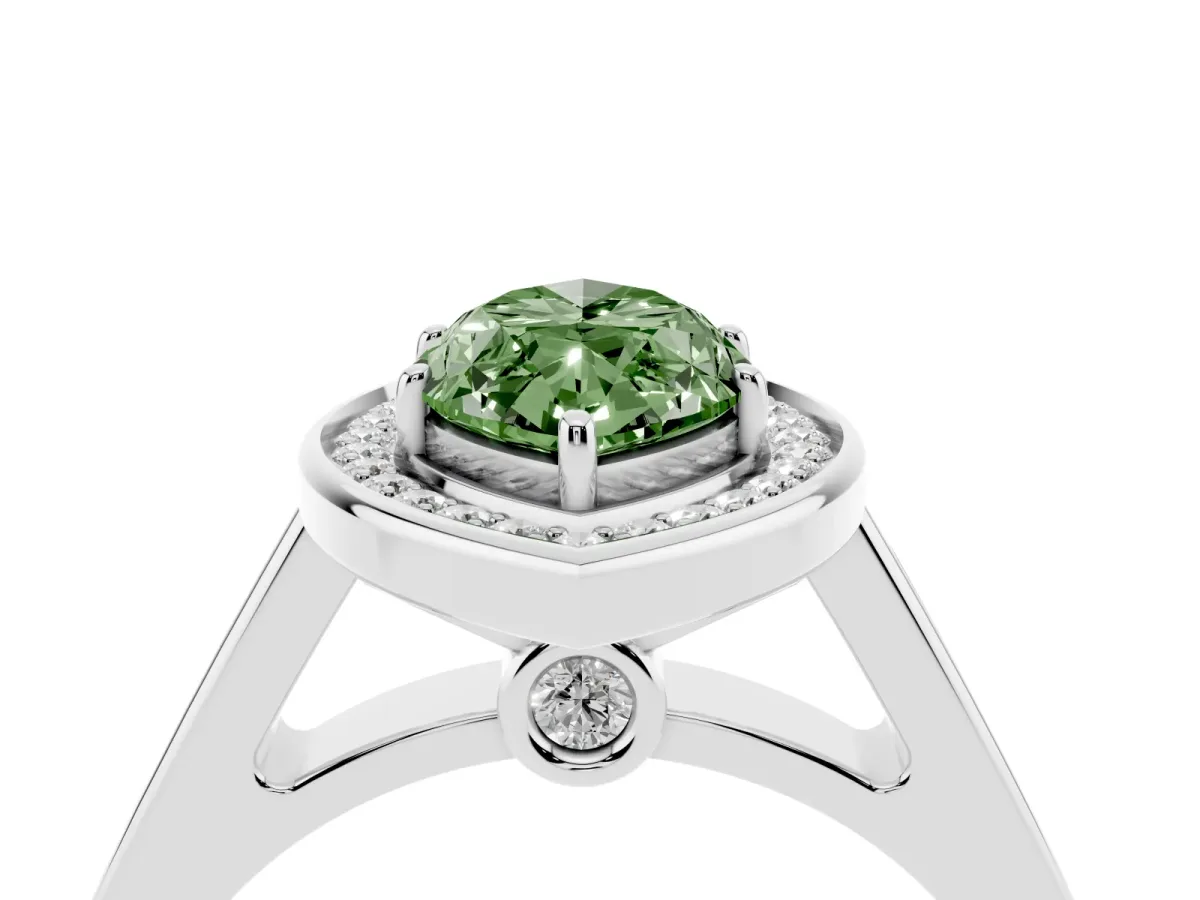 Fancy Green Marquise Cut Halo Solitaire Diamond Ring with Pave Band and Bezel Setting Silver