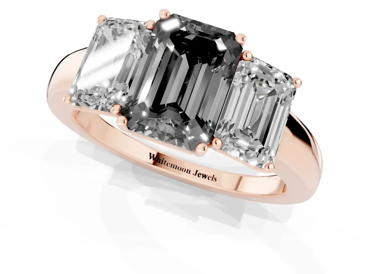 Fancy Black Emerald Cut Diamond Three-Stone Ring with Four-Prong Setting and Classic Band Rose gold