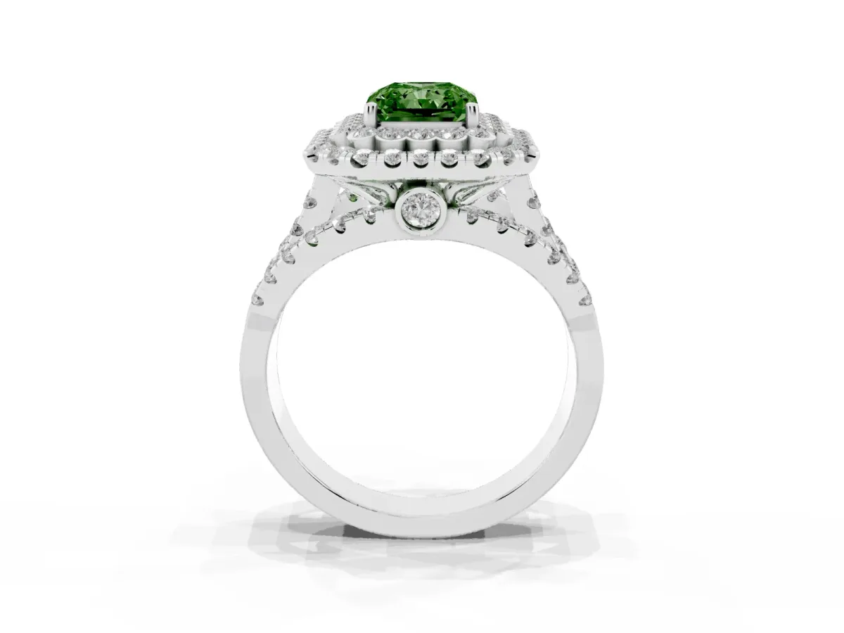 Fancy Green Radiant Cut Diamond Double Halo Ring with Round Pavé Split Shank and Prong Setting Silver