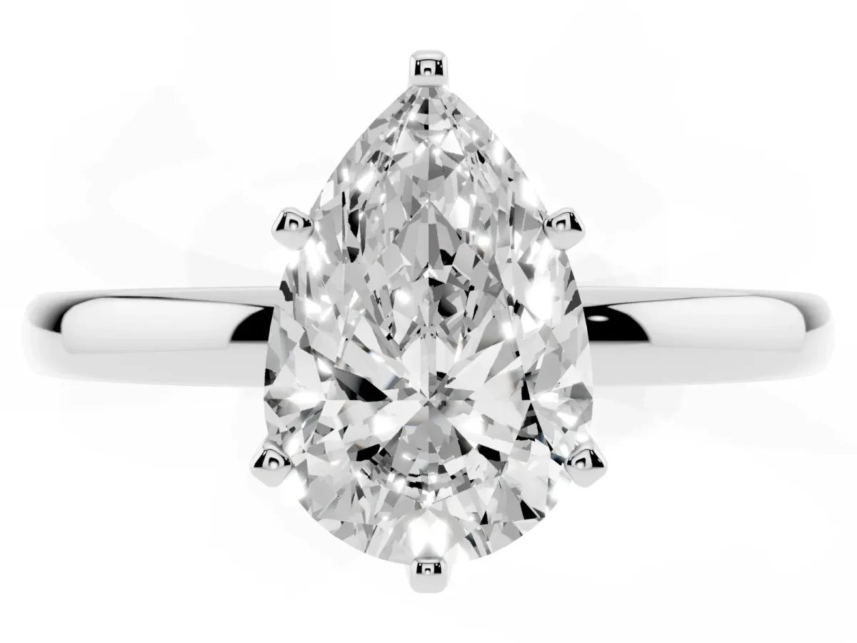 Pear Cut Solitaire Diamond Ring with Six-Prong Setting on a Classic Band Platinum