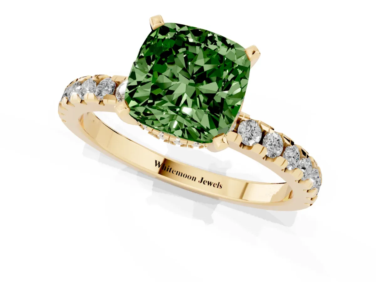 Fancy Green Cushion Cut Diamond Solitaire Ring with Round Pavé Band and Four-Prong Setting Yellow gold