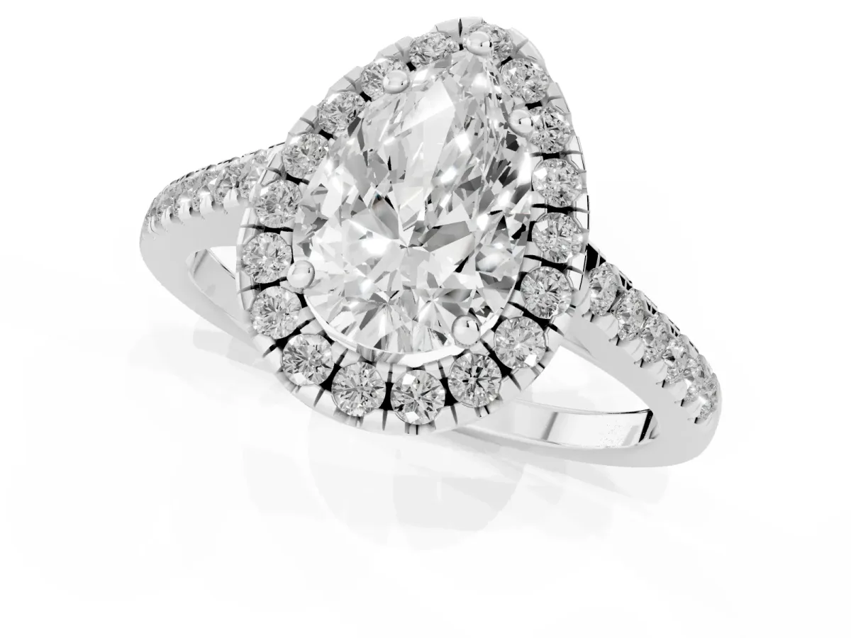Pear Cut Halo Pavé Diamond Engagement Ring with Four-Prong Setting Silver