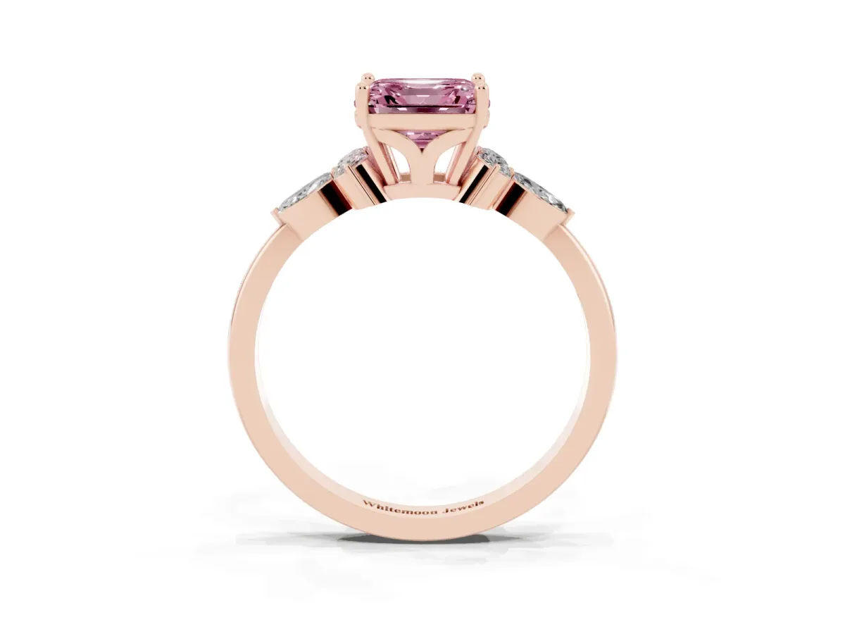 Fancy Pink Asscher Cut Brilliant Diamond Solitaire Ring with Pear Side Stones and Four-Prong Setting Rose gold
