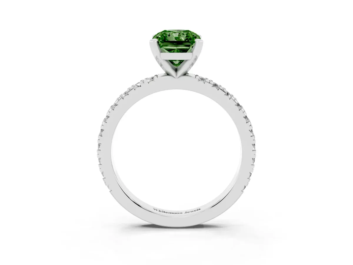 Fancy Green Radiant Cut Diamond Pavé Band Solitaire with Four-Prong Setting Silver