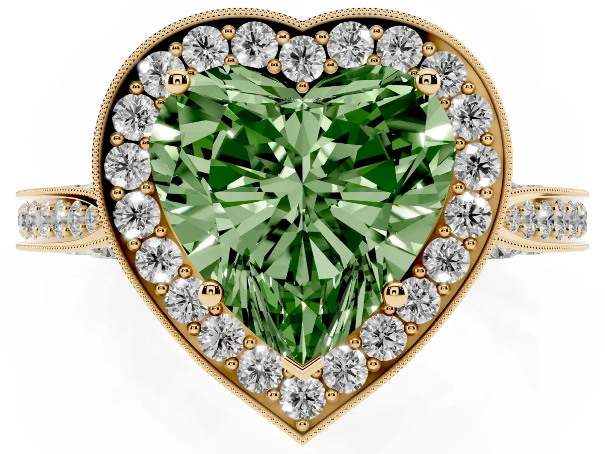 Fancy Green Heart Cut Halo Diamond Engagement Ring with Split Shank Band and Four-Prong Setting Yellow gold