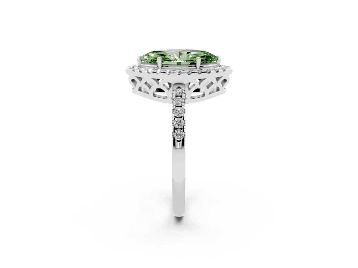 Fancy Green Marquise Cut Halo Diamond Engagement Ring with Pavé Band and Four-Prong Setting Silver