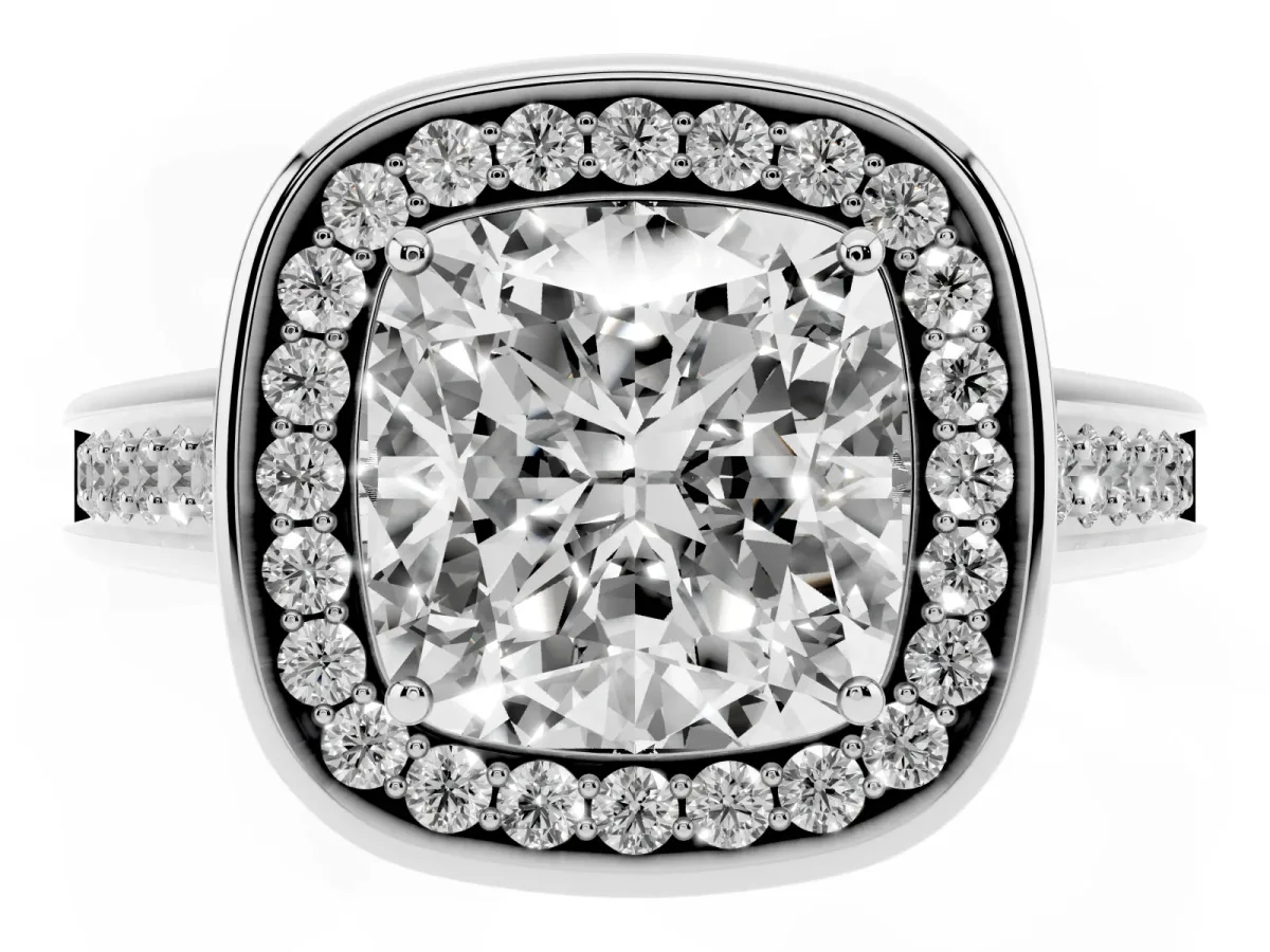 Cushion Cut Halo Solitaire Diamond Ring with Pave Band and Bezel Setting Silver