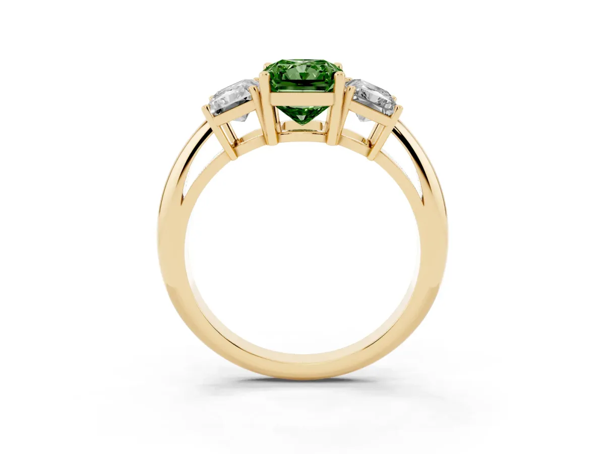 Fancy Green Three-Stone Radiant Cut Cut Diamond Engagement Ring with Prong Setting on a White Gold Band Yellow gold