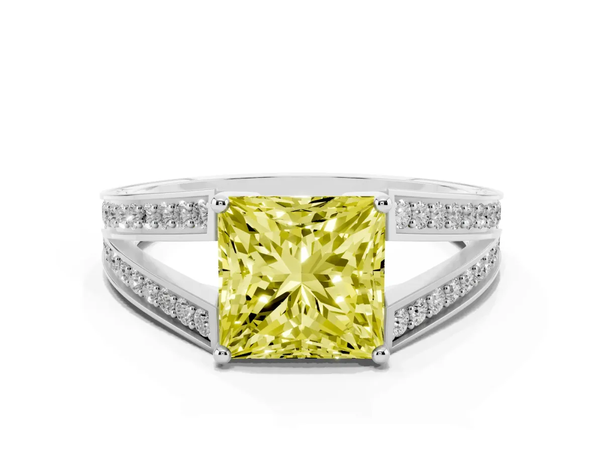 Fancy Yellow Princess Cut Diamond Split Shank Ring with Pavé Band and Four-Prong Setting White gold