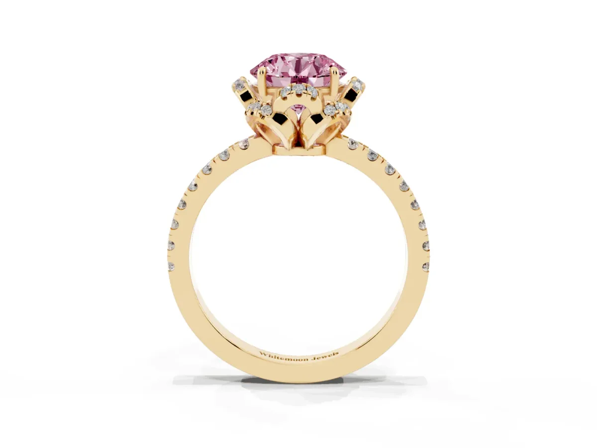 Fancy Pink Round Cut Diamond Halo Pave Band with Four-Prong Setting Yellow gold