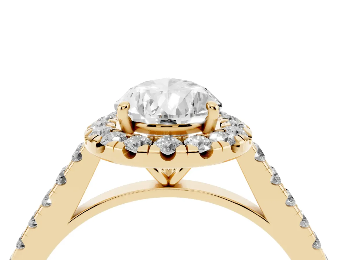 Pear Cut Halo Pave Diamond Engagement Ring with Four-Prong Setting Yellow gold
