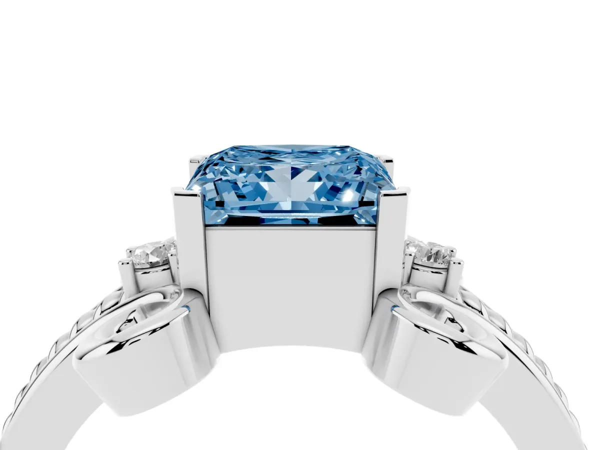 Fancy Blue Princess Cut Solitaire Twisted Band Scroll Prong Ring Silver