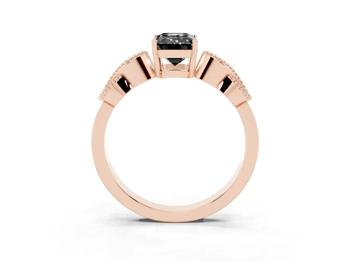 Fancy Black Emerald Cut Solitaire Milgrain Leaf Band with Prong Setting Rose gold