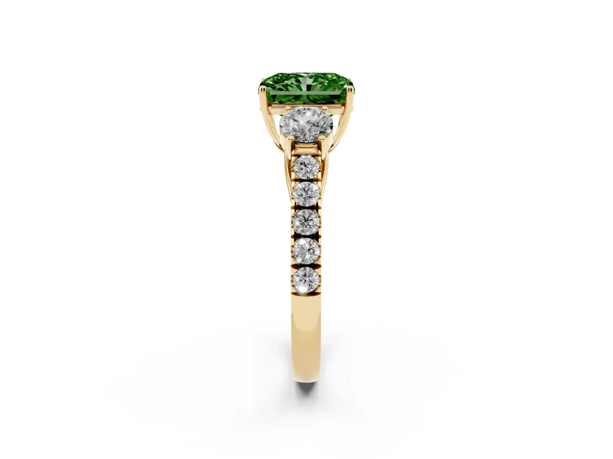 Fancy Green Radiant Cut Cut Diamond Three-Stone Ring with Round Side Stones and Pavé Band Yellow gold
