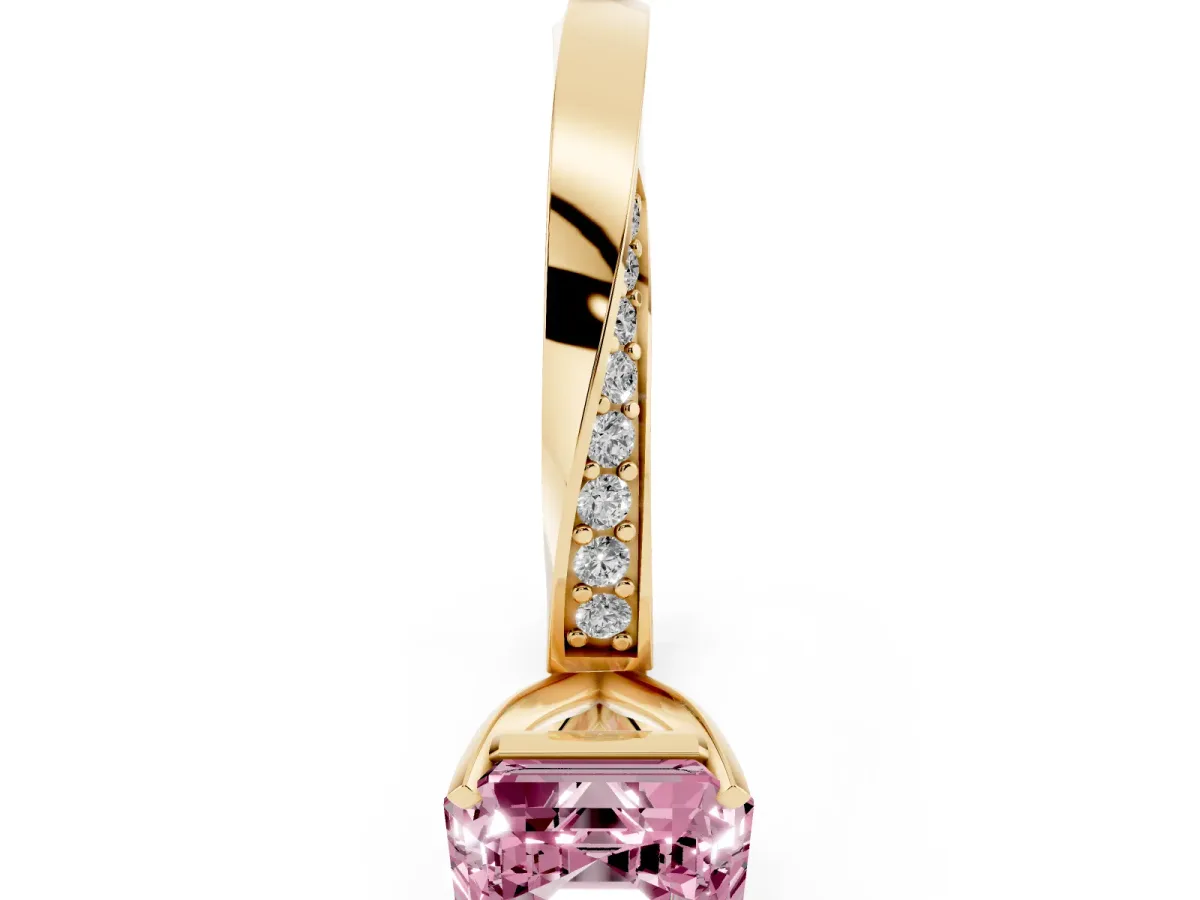 Fancy Pink Asscher Cut Diamond Engagement Ring with Side Stone Accents and Four-Prong Setting Yellow gold