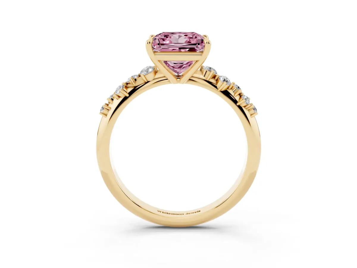 Fancy Pink Princess Cut Diamond Cluster Side Stone Solitaire Ring with Prong Setting Yellow gold