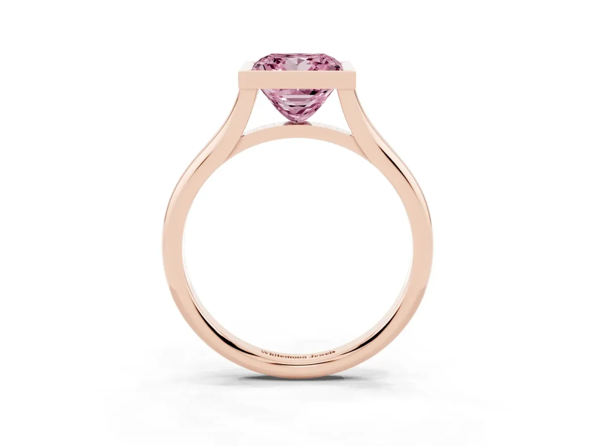 Fancy Pink Bezel Set Princess Cut Cut Solitaire Ring with Tapered Band Rose gold