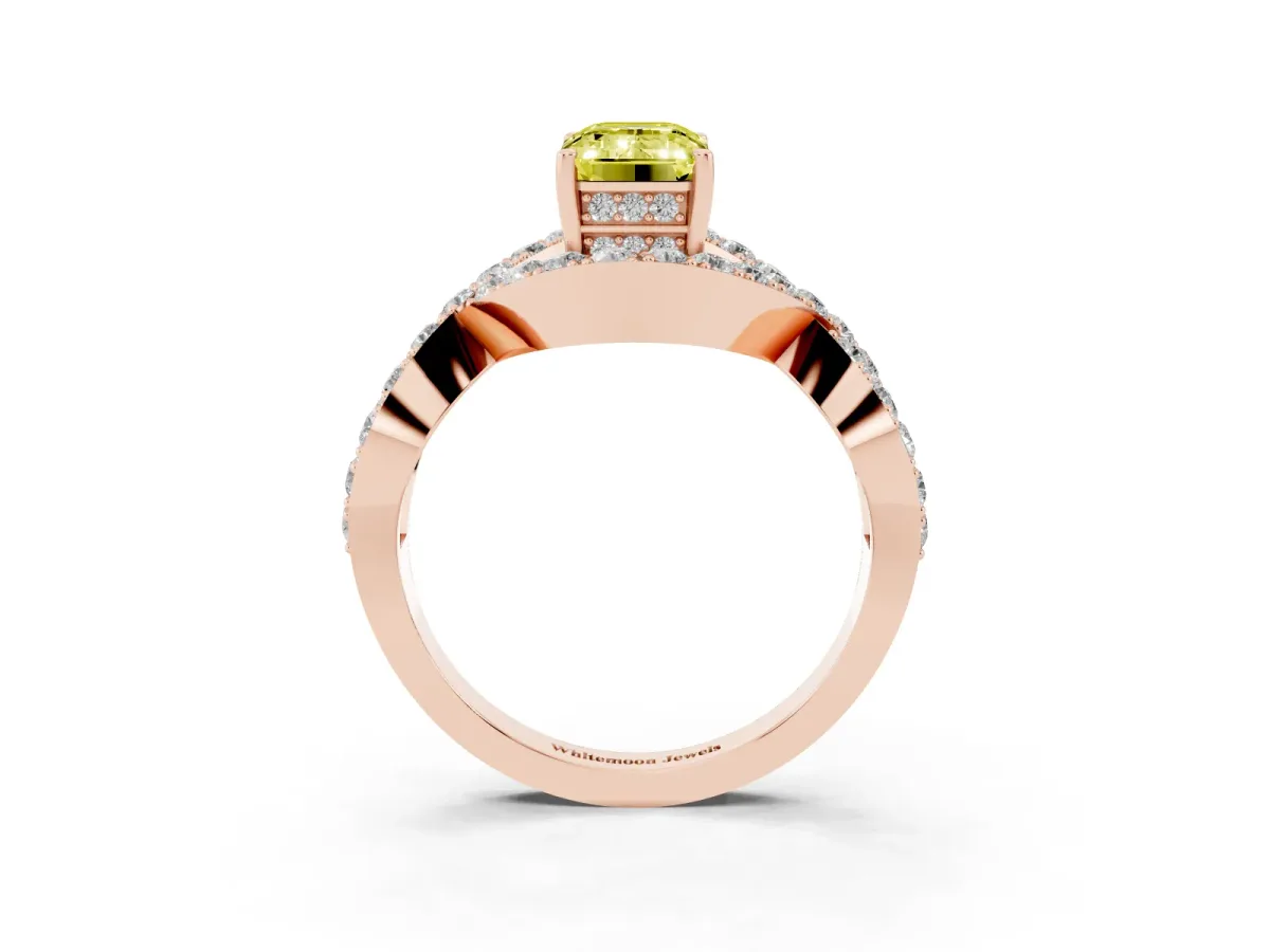 Fancy Yellow Emerald Cut Solitaire Twist Band Pavé Diamond Engagement Ring Rose gold