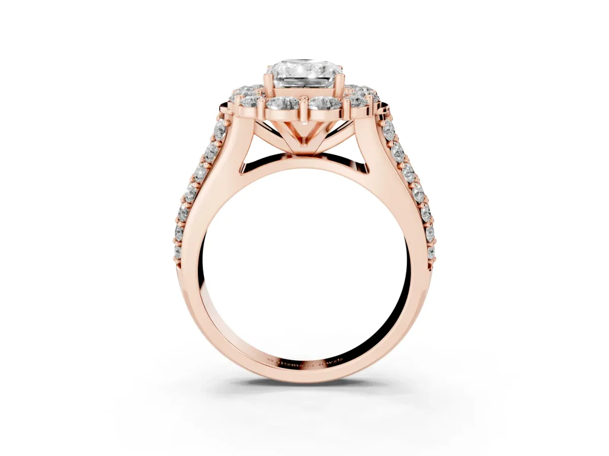 Radiant Cut Halo Diamond Engagement Ring with Split Shank and Prong Setting Rose gold