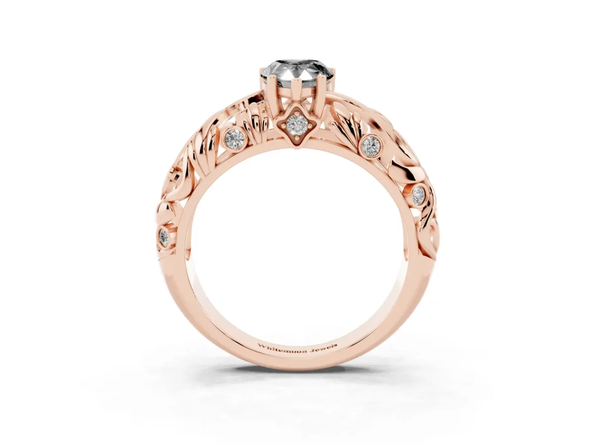 Fancy Black Pear Cut Solitaire Diamond Leaf-Inspired Vine Band Ring with Prong Setting Rose gold