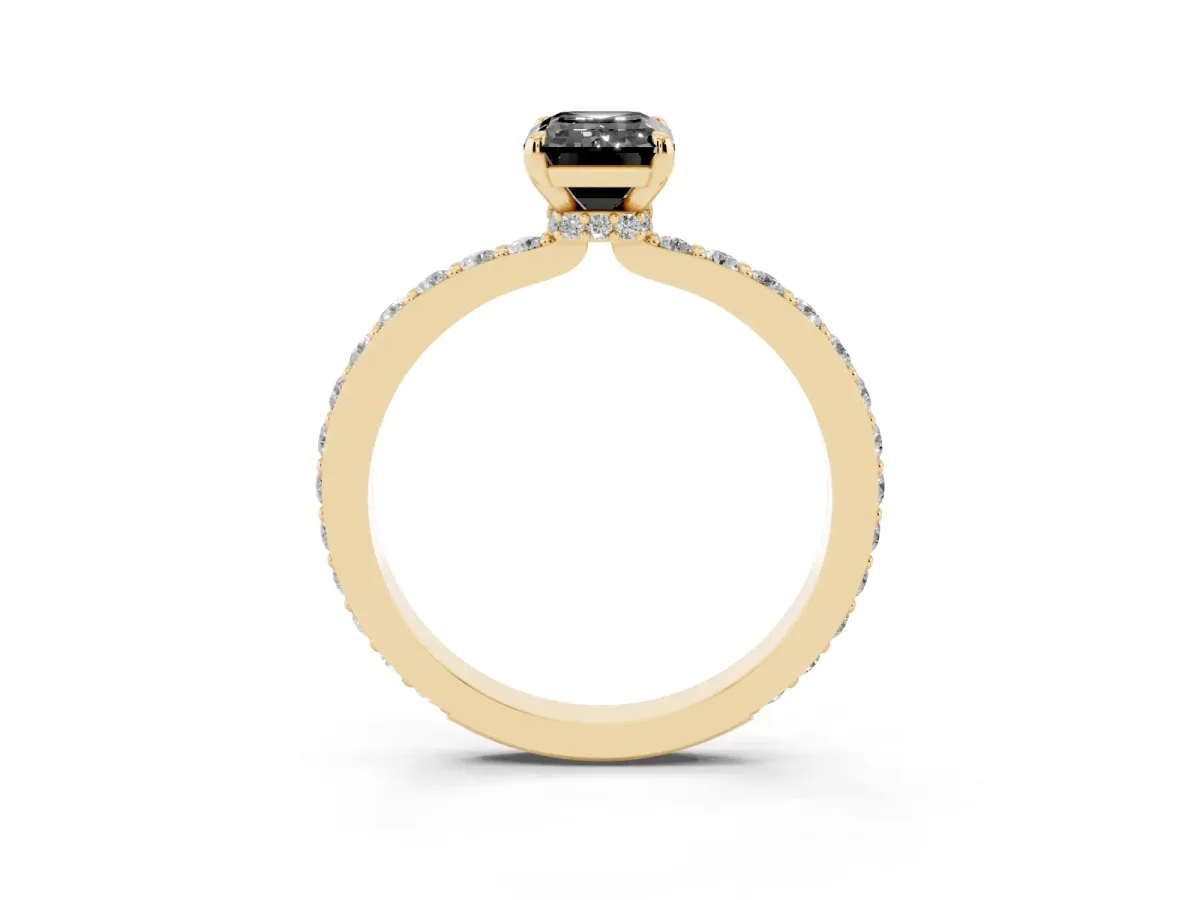 Fancy Black Emerald Cut Diamond Solitaire Engagement Ring with Pavé Band and Four-Prong Setting Yellow gold