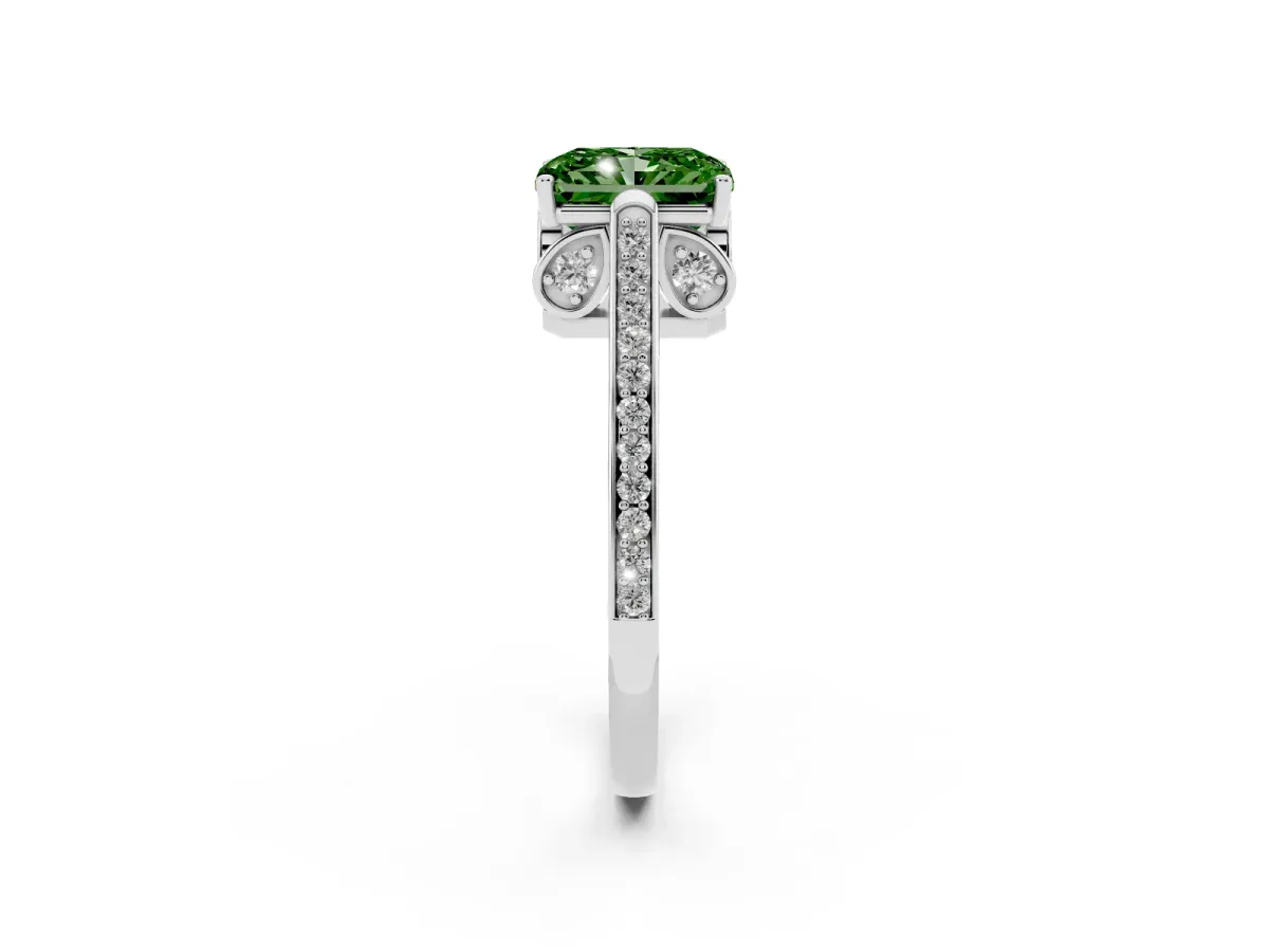 Fancy Green Radiant Cut Cut Cathedral Pave Diamond Engagement Ring with Six-Prong Setting Silver