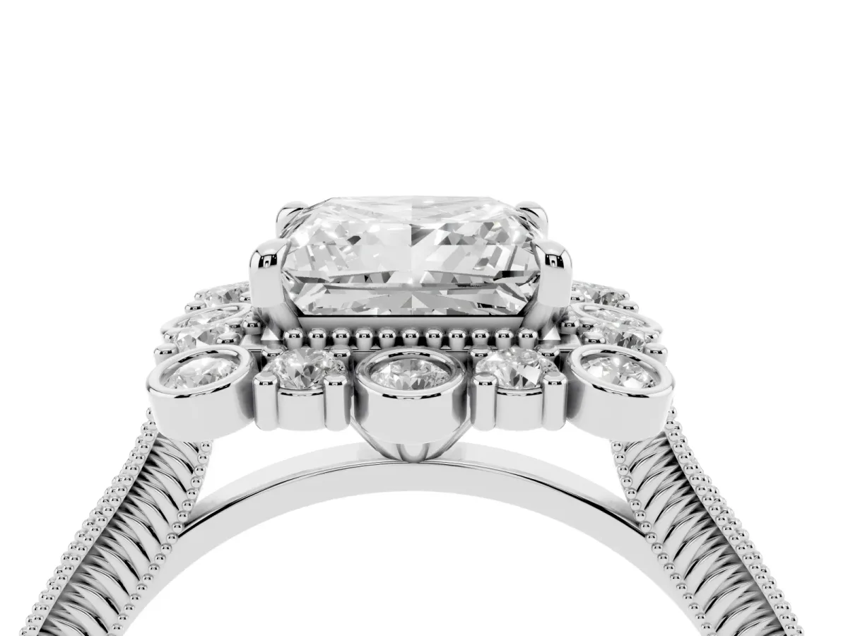 Princess Cut Halo Milgrain Pave Diamond Ring with Four-Prong Setting Silver