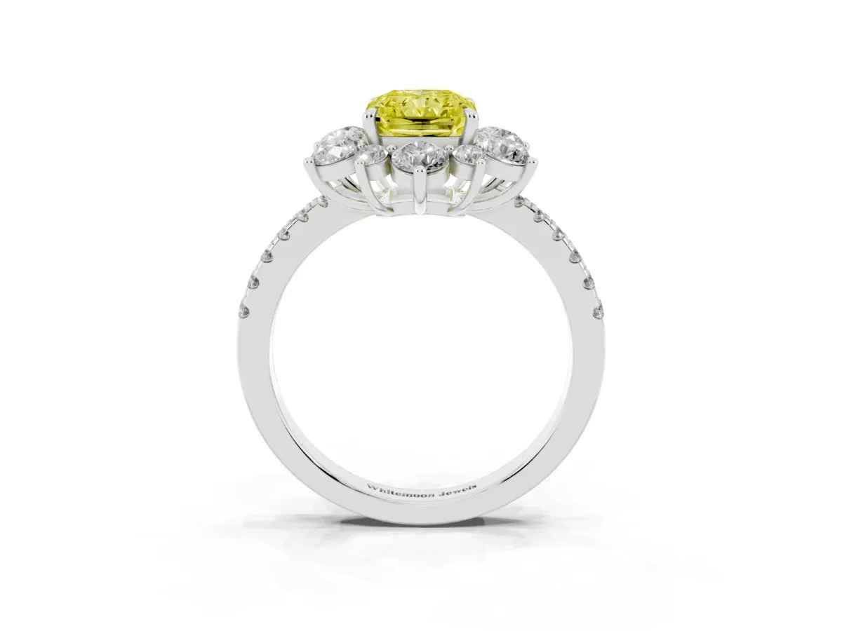 Fancy Yellow Radiant Cut Diamond Floral Halo Ring with Round Pavé Band and Prong Setting Platinum