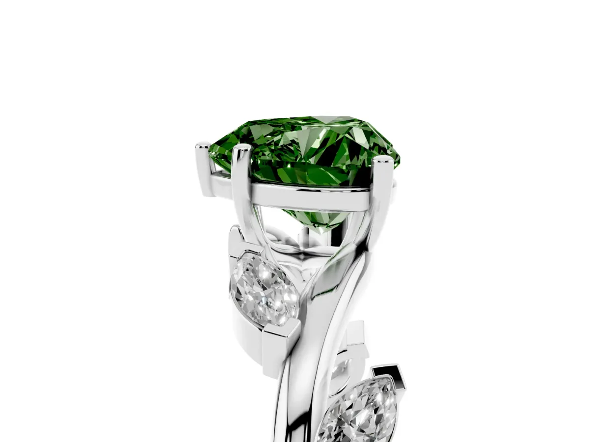 Fancy Green Heart Cut Solitaire Twisted Band Marquise Accent Prong Setting Ring Silver