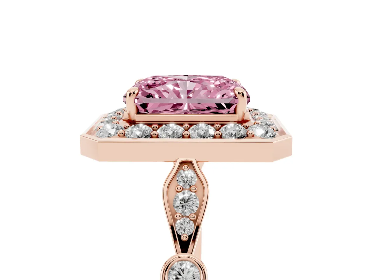 Fancy Pink Radiant Cut Halo Diamond Engagement Ring with Twisted Band and Four-Prong Setting Rose gold