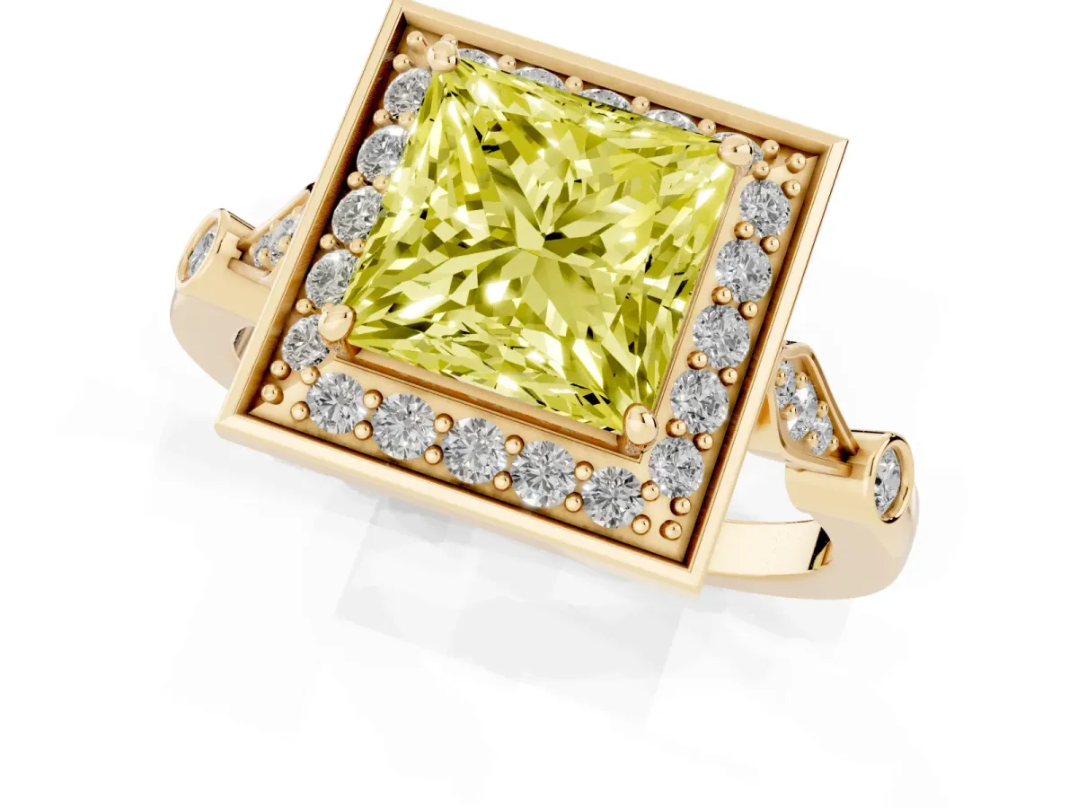 Fancy Yellow Princess Cut Halo Diamond Engagement Ring with Twisted Band and Four-Prong Setting Yellow gold