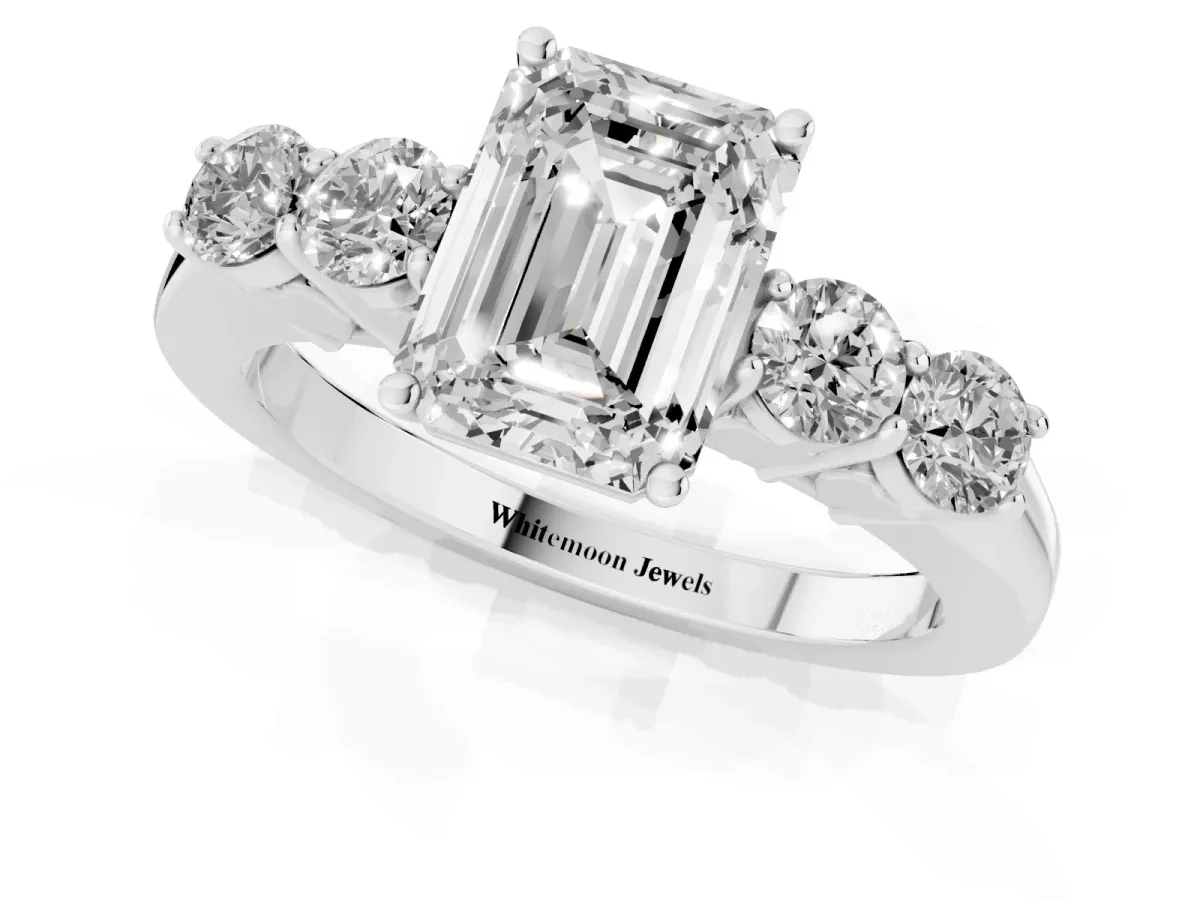 Emerald Cut Cut Diamond Five-Stone Prong Set White Gold Ring Silver