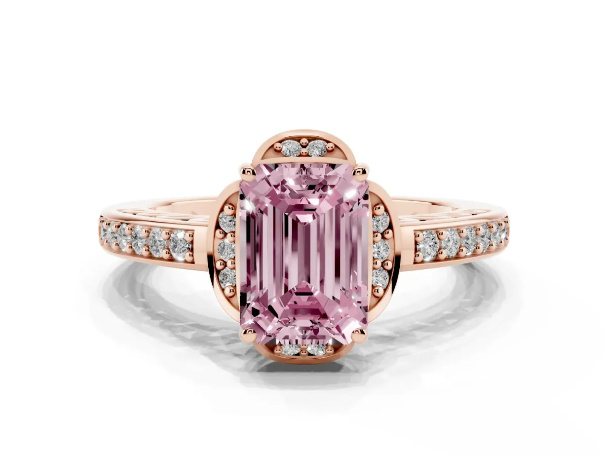 Fancy Pink Emerald Cut Cut Halo Diamond Ring with Channel Set Band and Four-Prong Setting Rose gold