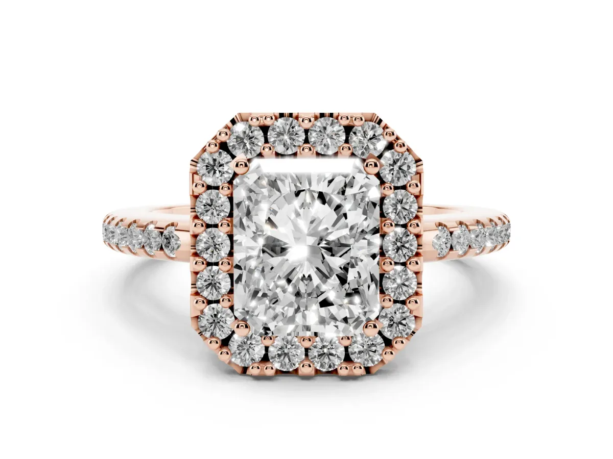 Radiant Cut Diamond Pavé Halo Ring with Four-Prong Setting Rose gold