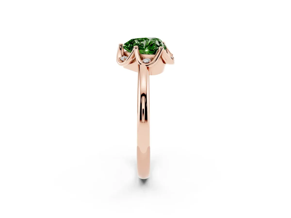 Fancy Green Heart Cut Halo Diamond Ring with Round Cluster Setting, Solitaire Band, and Four-Prong Setting Rose gold