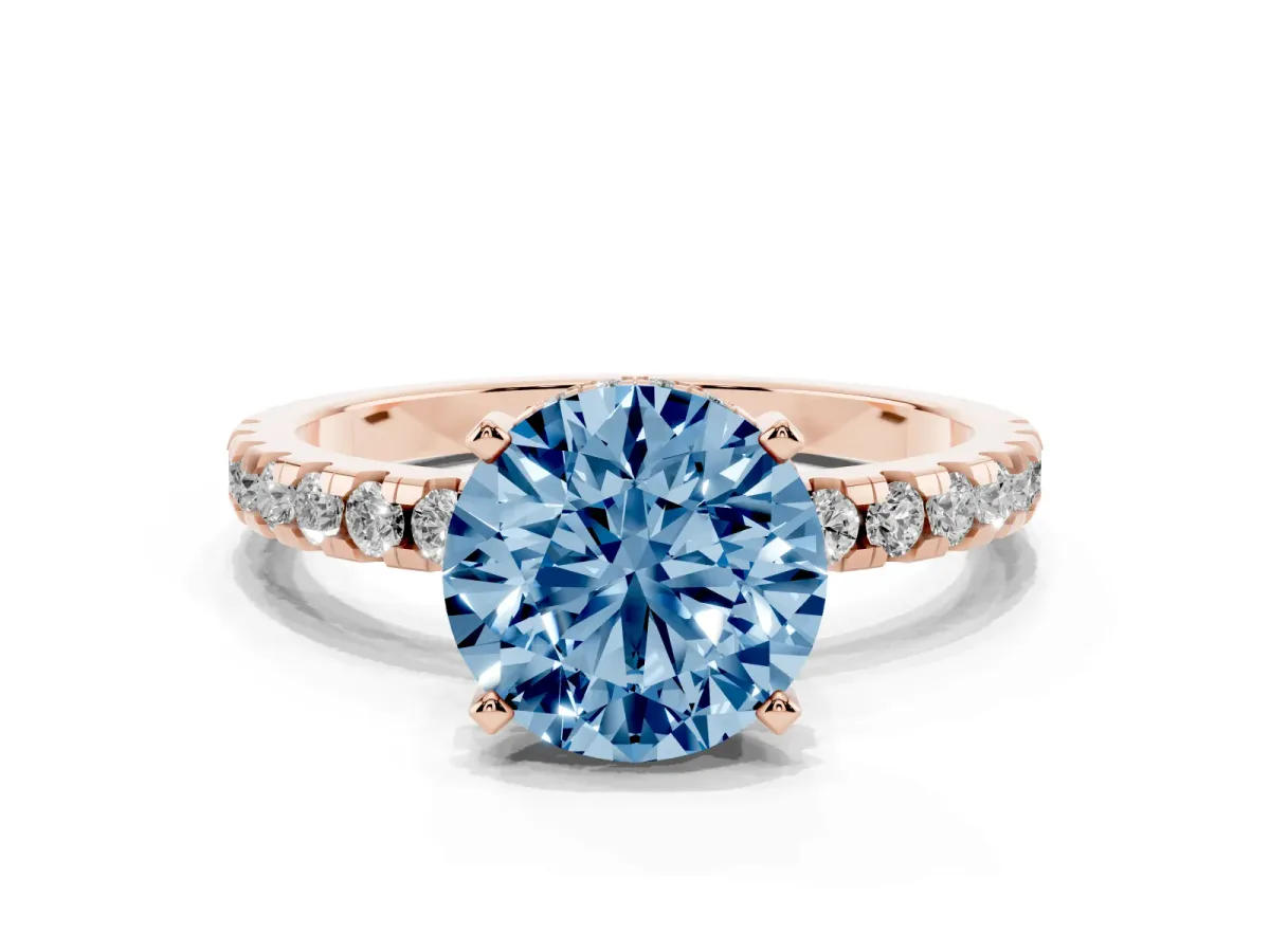 Fancy Blue Round Cut Diamond Solitaire Ring with Round Pavé Band and Four-Prong Setting Rose gold