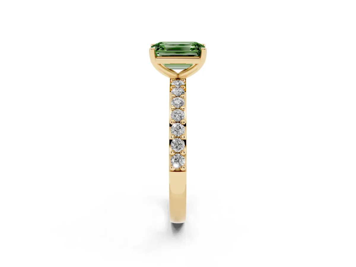 Fancy Green Emerald Cut Cut Diamond Solitaire with Pave Band and Four-Prong Setting Yellow gold