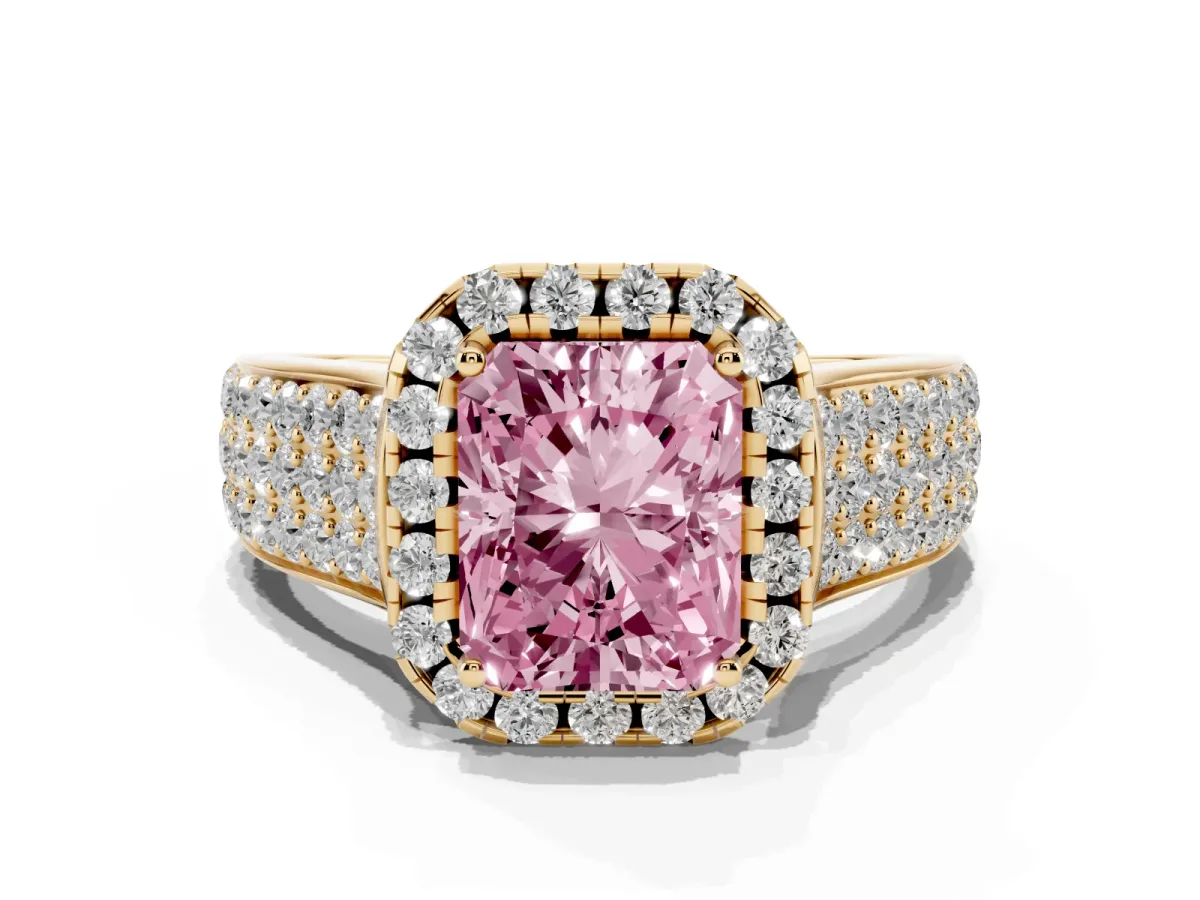 Fancy Pink Radiant Cut Halo Round Diamond Pave Band with Prong Setting Yellow gold