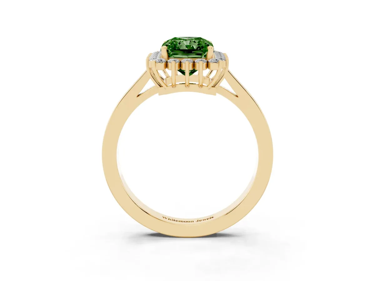 Fancy Green Radiant Cut Cut Diamond Halo Ring with Round Brilliant Halo and Solitaire Band Yellow gold