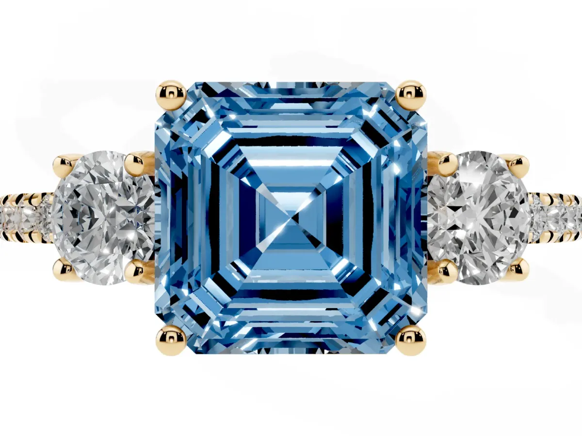 Fancy Blue Three-Stone Asscher Cut Cut Diamond Pavé Band with Prong Setting Yellow gold
