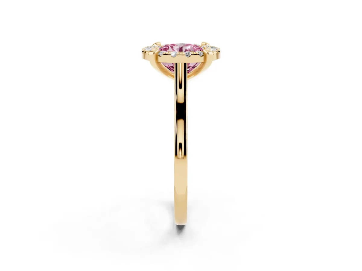 Fancy Pink Round Cut Diamond Cluster Halo Solitaire with Four-Prong Setting Yellow gold