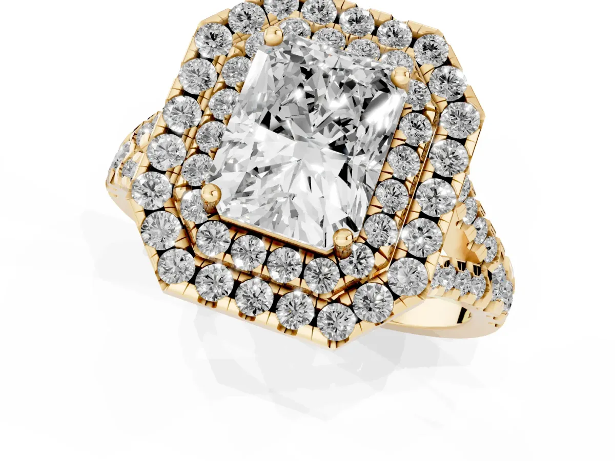 Double Halo Radiant Cut Diamond Pavé Split Shank Ring with Prong Setting Yellow gold