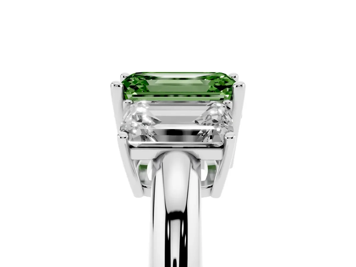 Fancy Green Three-Stone Emerald Cut Cut Diamond Engagement Ring with Prong Setting on a White Gold Band White gold