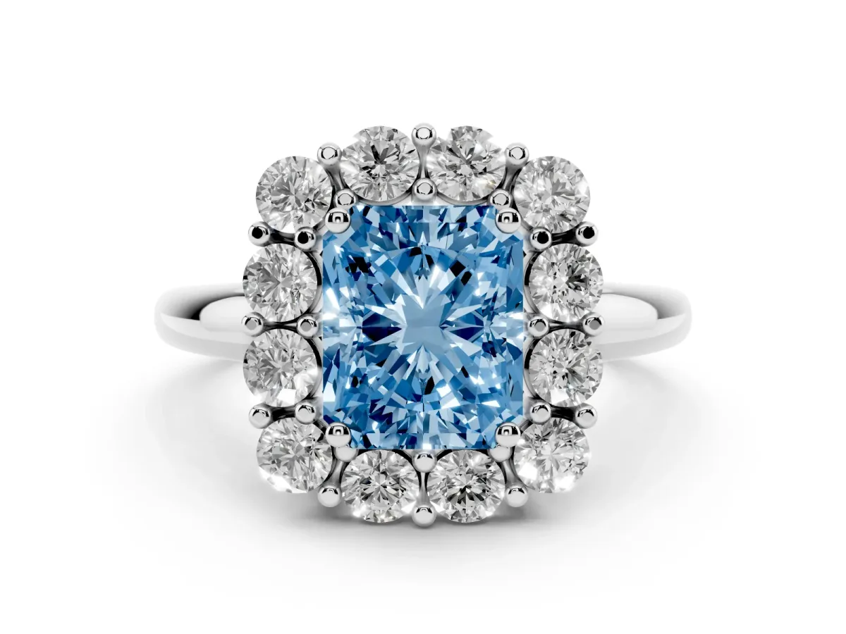 Fancy Blue Radiant Cut Halo Cluster Diamond Engagement Ring with Prong Setting and Polished Band Platinum