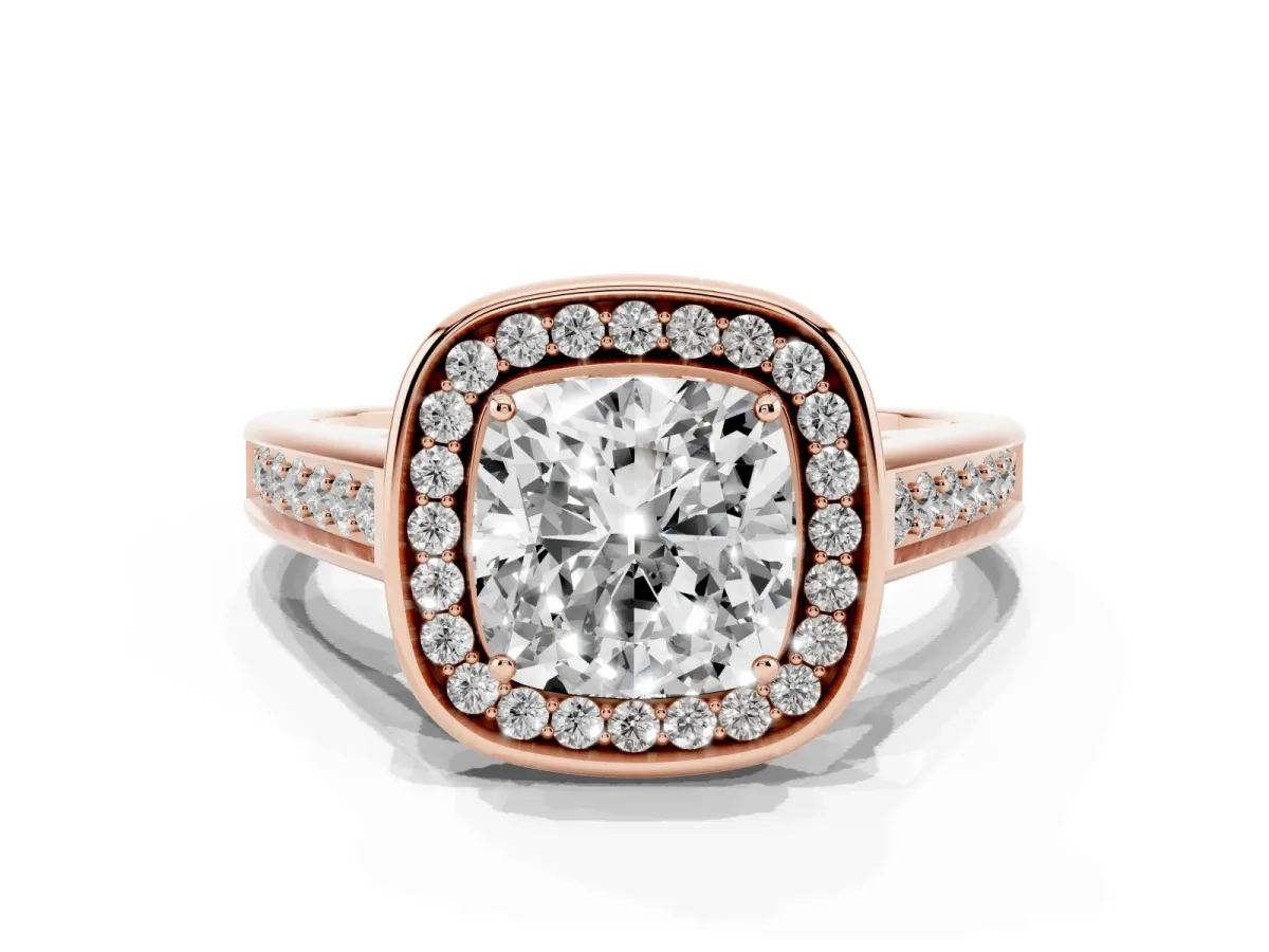 Cushion Cut Halo Solitaire Diamond Ring with Pave Band and Bezel Setting Rose gold