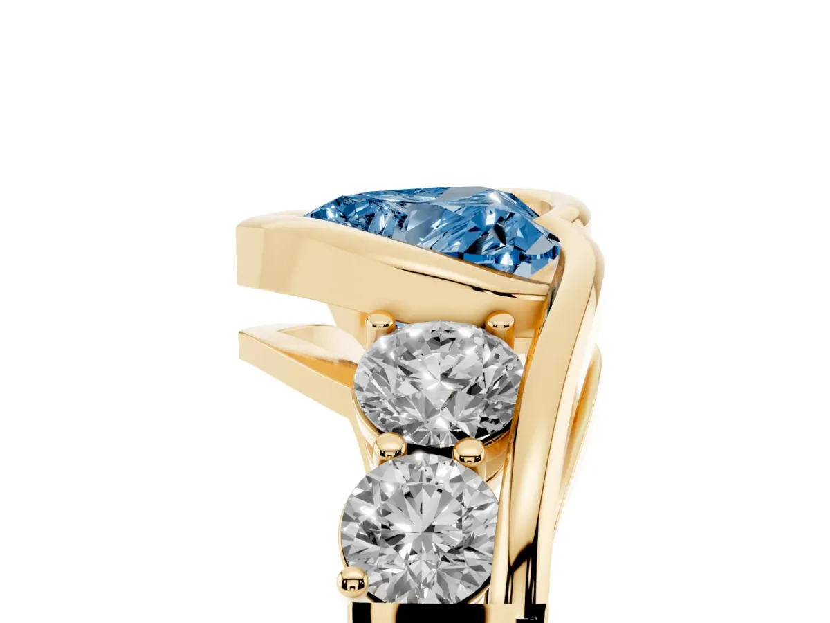 Fancy Blue Bezel Set Heart Cut Diamond Bypass Ring with Round Accents Yellow gold