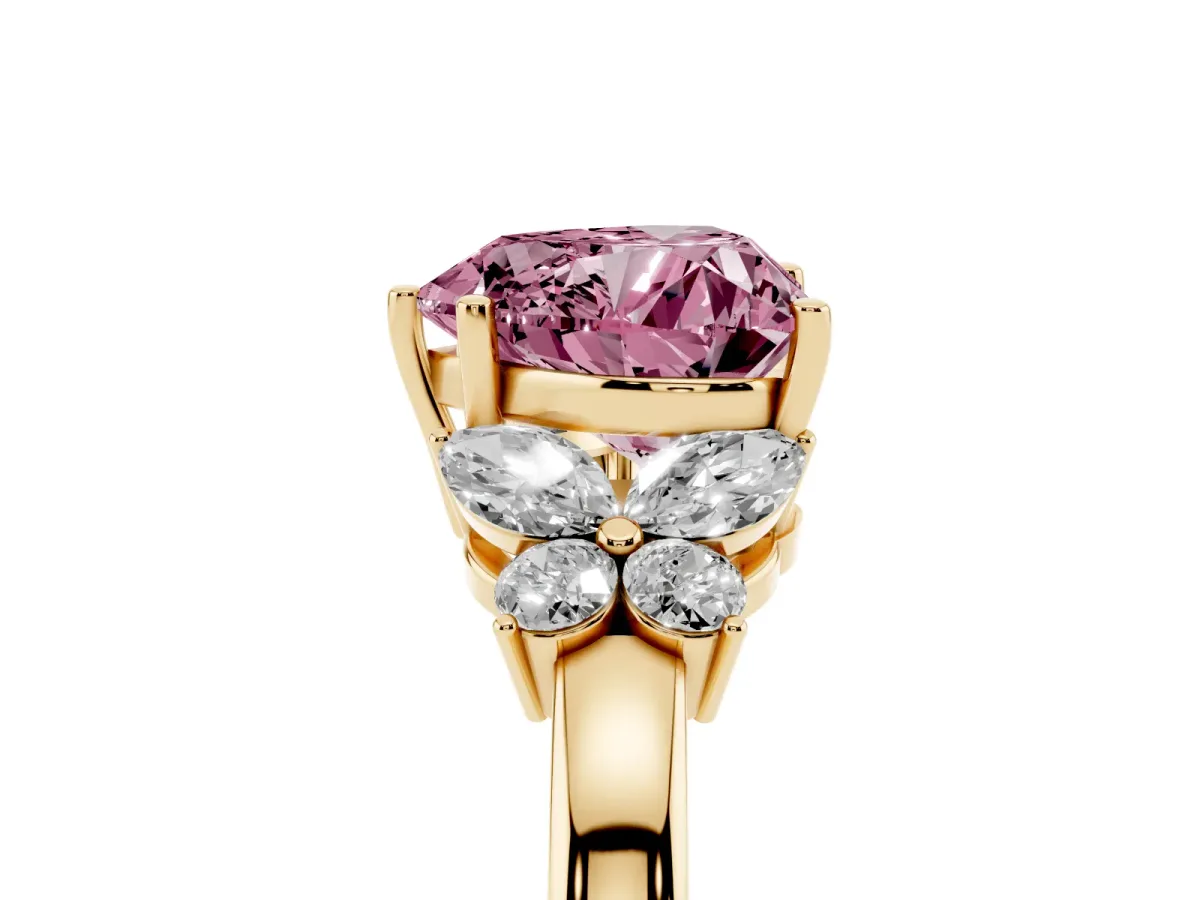 Fancy Pink Heart Cut Cut Solitaire Floral Diamond Ring with Four-Prong Setting Yellow gold