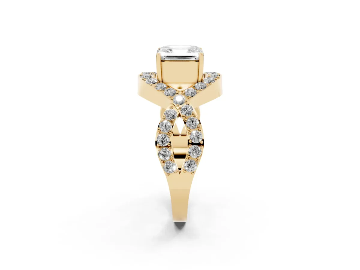 Asscher Cut Solitaire Twist Band Pavé Diamond Engagement Ring Yellow gold